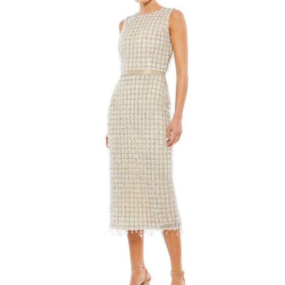 NWT‎ MAC DUGGAL EMBELLISHED HIGH NECK FRINGED MIDI SHEATH DRESS NUDE 5471 - Picture 7 of 8